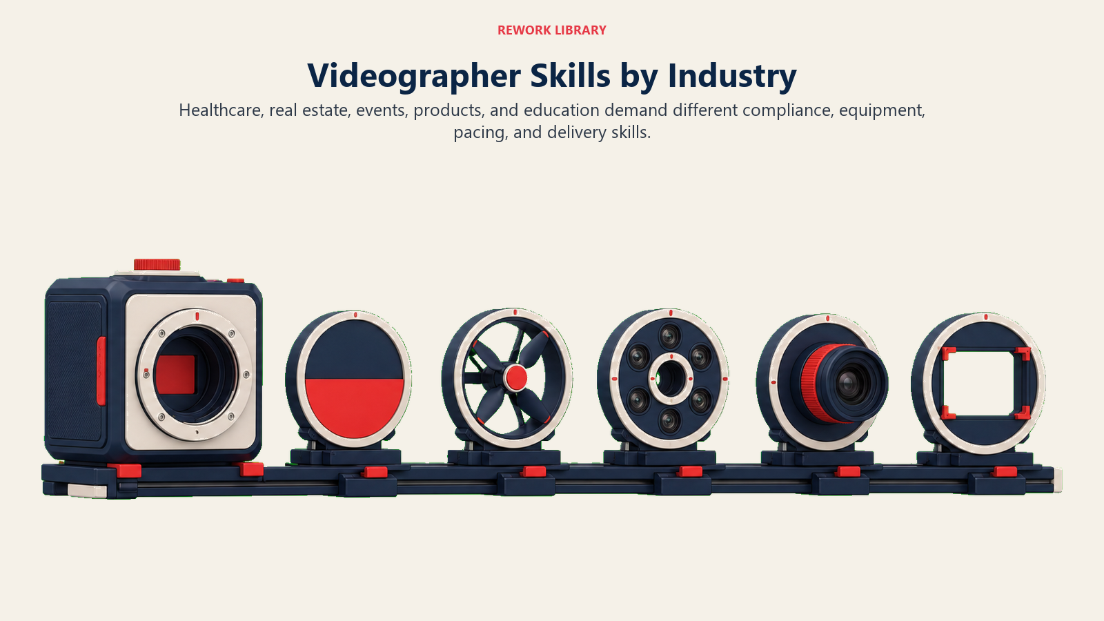 Videographer skills by industry shown through specialized camera modules for healthcare, real estate, events, products, and education