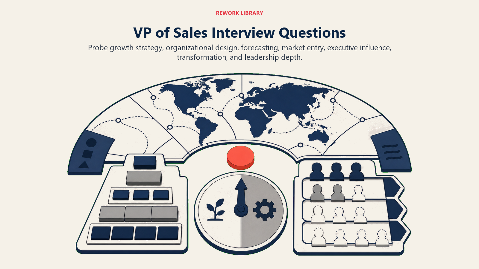 VP of Sales interview questions shown as a strategy simulation covering market entry, organization design, growth, efficiency, and leadership depth