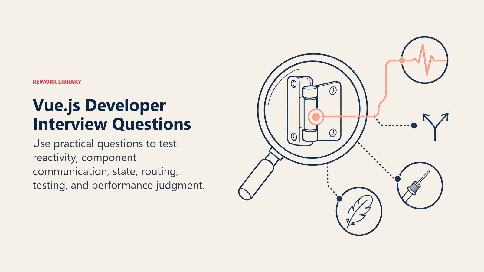 Vue.js developer interview questions shown as a diagnostic lens examining reactive components