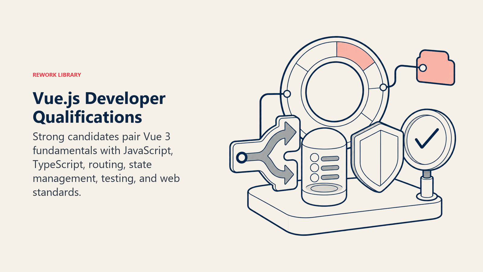 Vue.js developer qualifications shown as a layered front-end toolkit