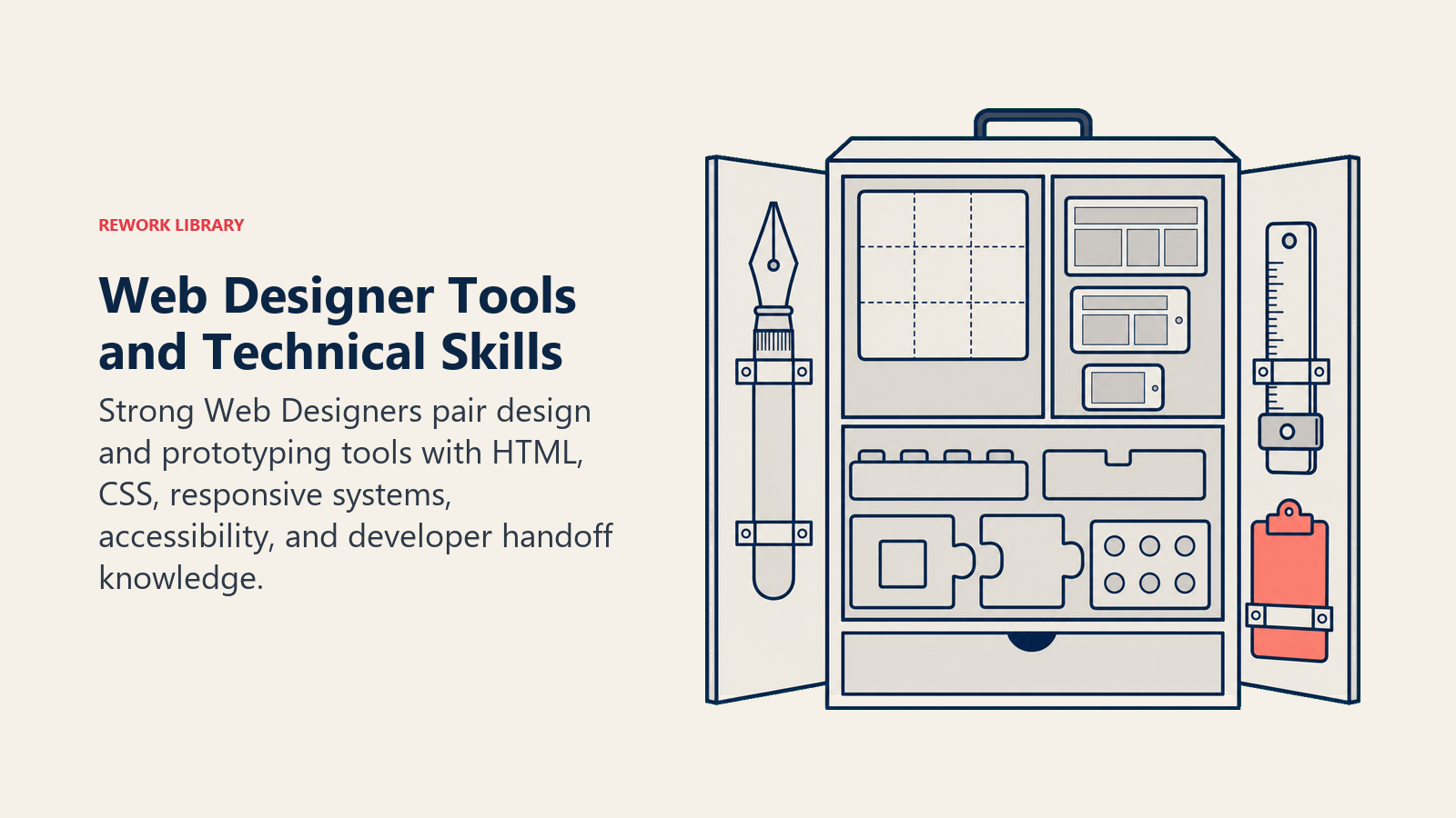 Web Designer Tools and Technical Skills illustrated as design and technical tool cabinet