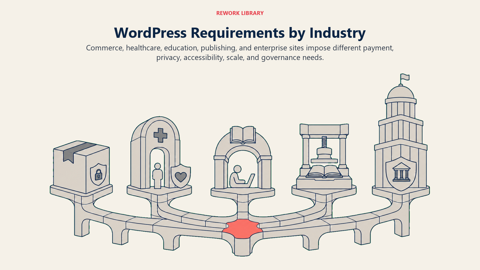 WordPress Requirements by Industry shown as adaptive foundation with five structures