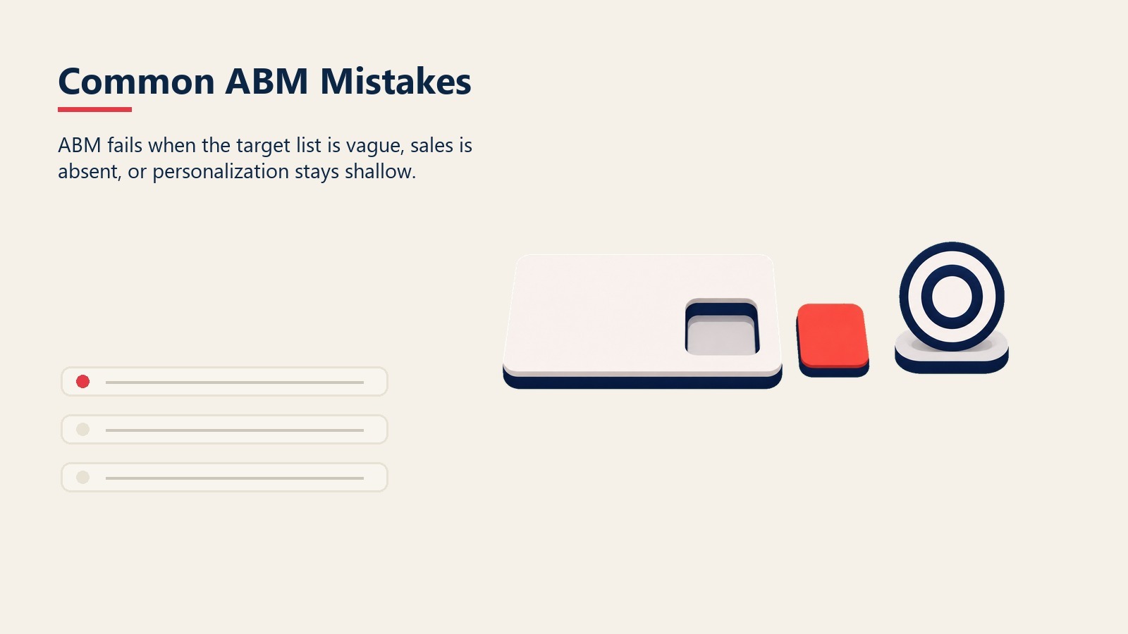 Common ABM Mistakes section visual showing vague target list missing a focused account marker