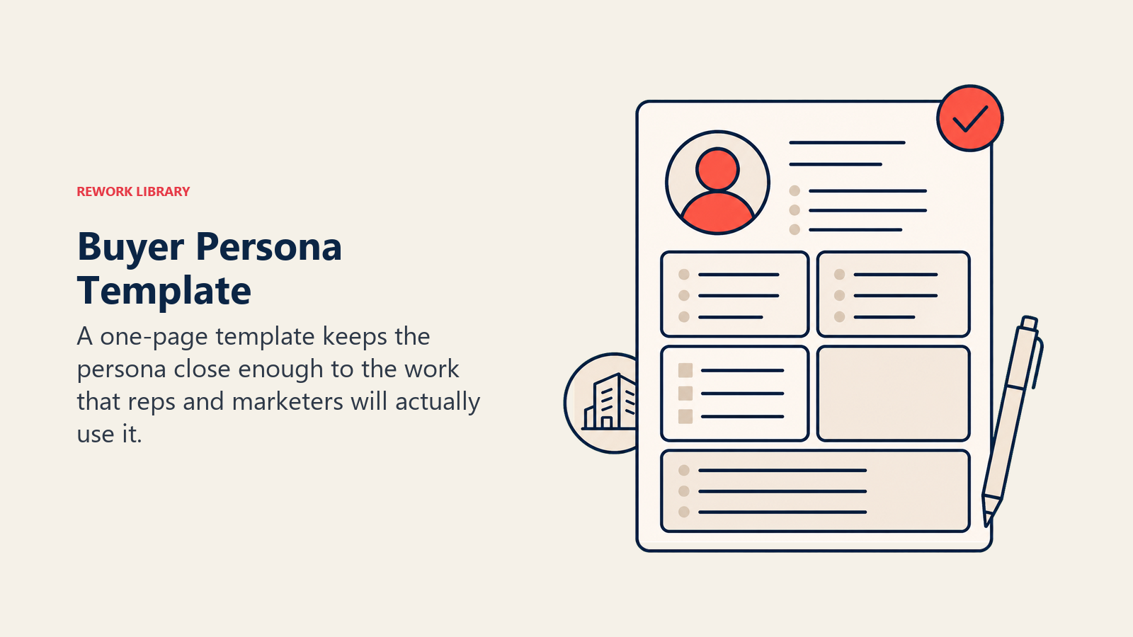 Buyer Persona Template visual showing a one-page profile sheet with structured blank fields