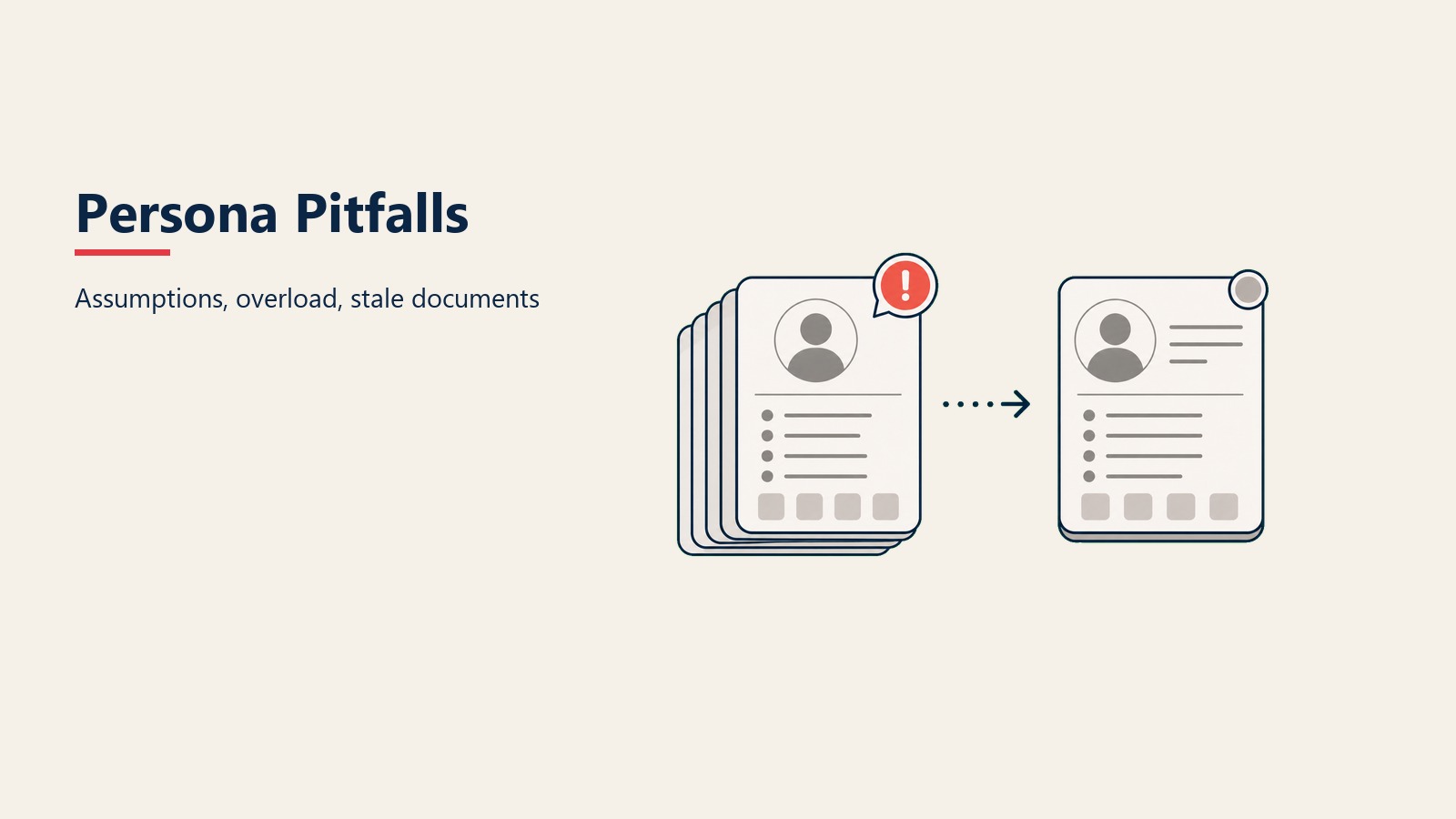 Persona Pitfalls section visual showing assumptions, overload, stale documents