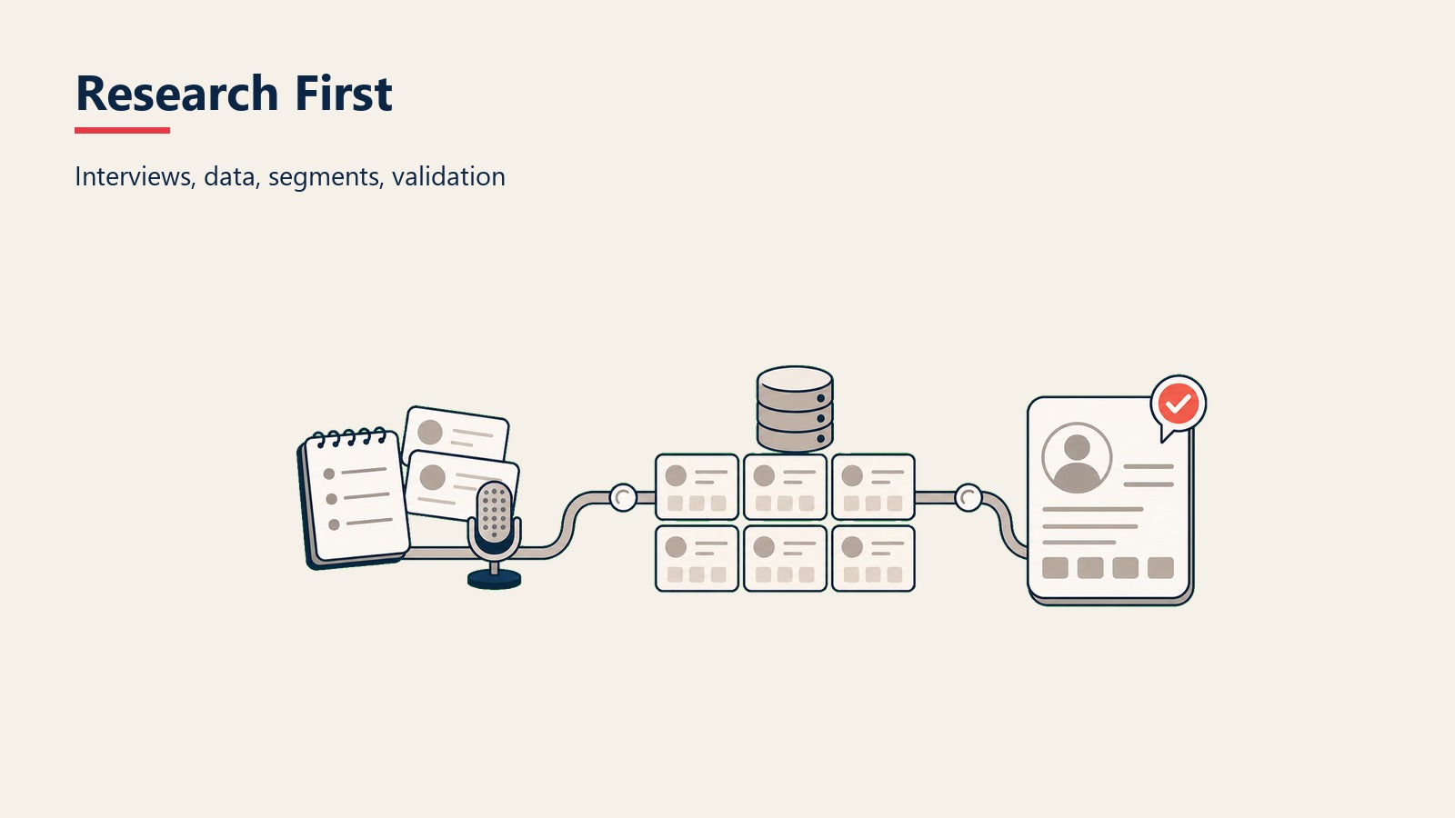 Research First section visual showing interviews, data, segments, validation