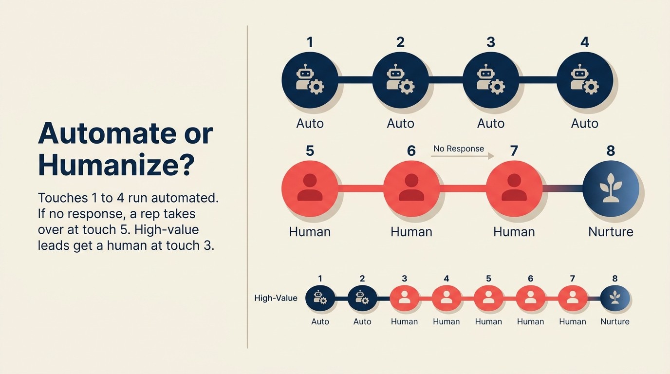 Hybrid automation model - automate touches 1-4, manual 5-7, back to automated nurture