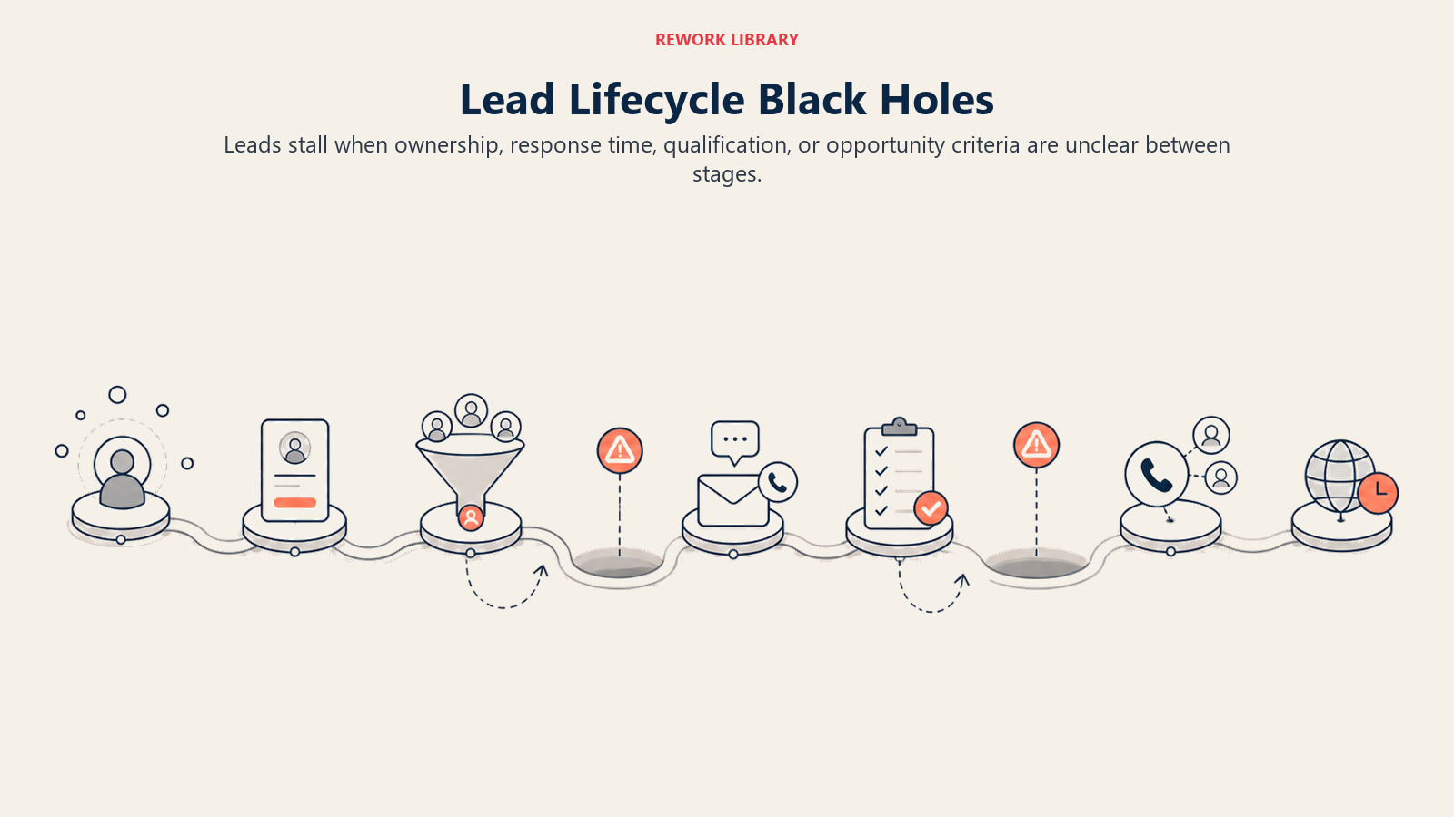 Lead lifecycle black holes shown as stall pockets along a stage path