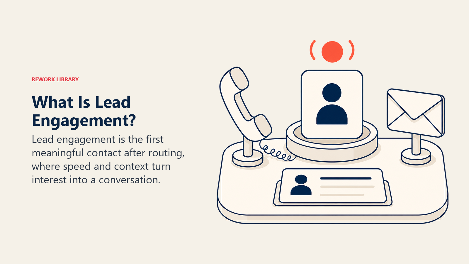 What Is Lead Engagement? visual showing a first-contact workbench with phone, email, and context card