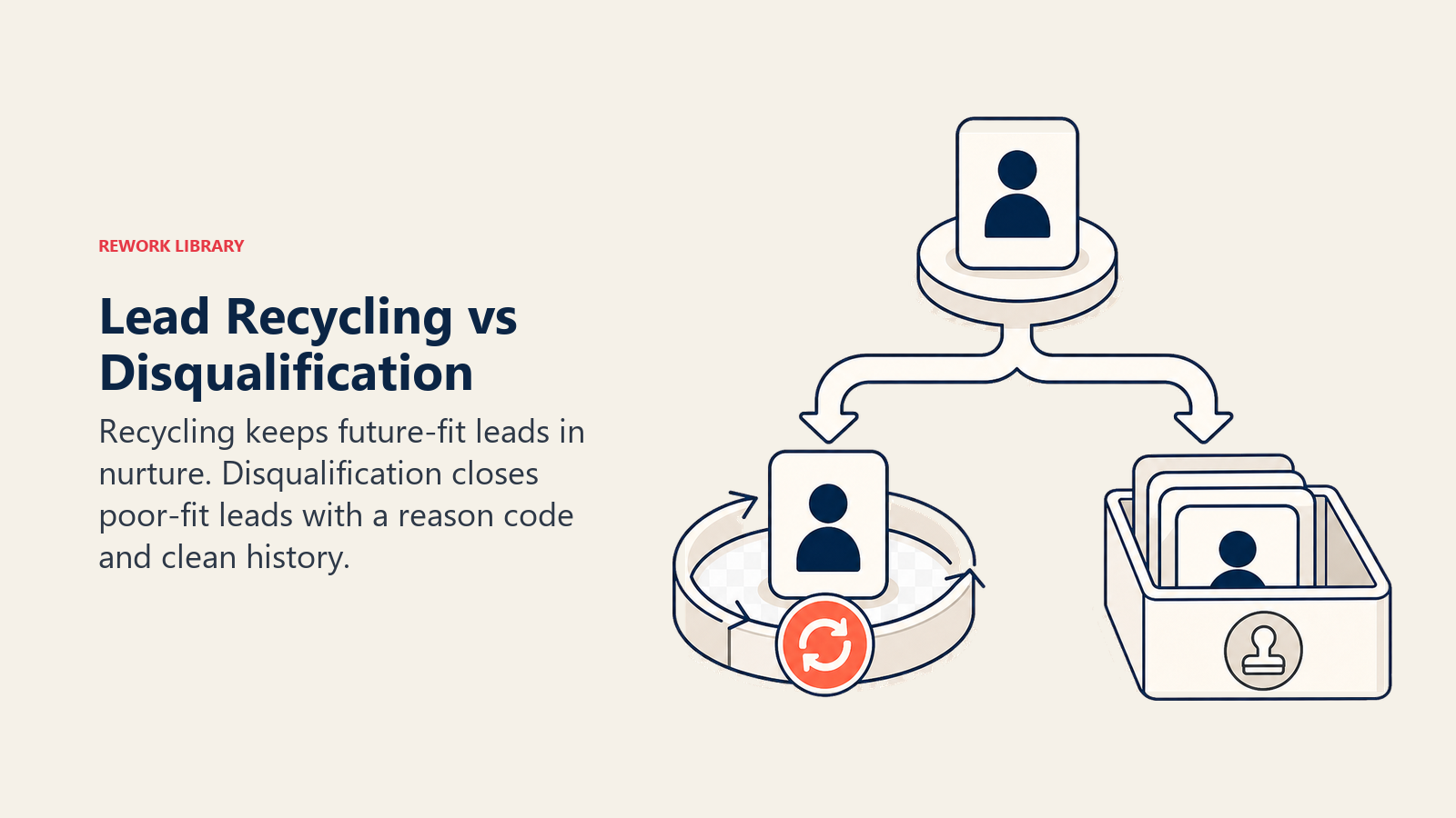 Lead Recycling vs Disqualification visual showing a nurture loop beside a clean archive tray