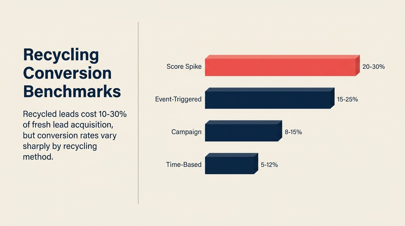 Recycled lead conversion rate benchmarks: event-triggered 15-25%, score-improvement 20-30%, campaign 8-15%, time-based 5-12%