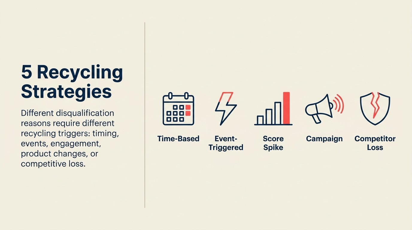 Five lead recycling strategies: time-based, event-triggered, score-improvement, campaign-driven, and competitive-loss