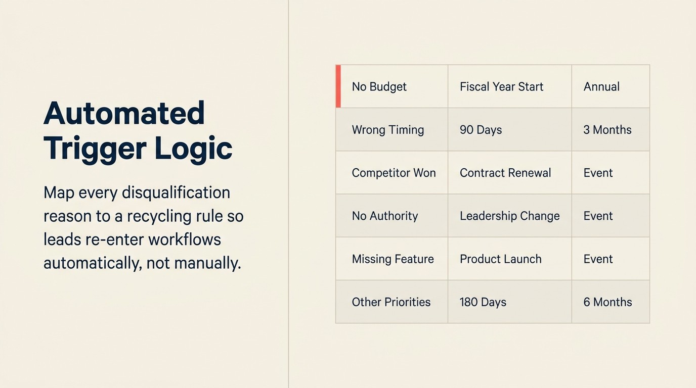 Trigger logic table mapping six disqualification reasons to recycling timelines from 90 days to annual