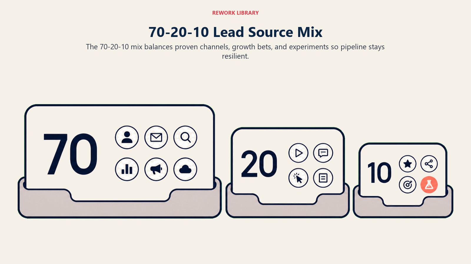 What Is the 70-20-10 Lead Source Mix? section visual showing the 70-20-10 mix balances proven channels, growth bets, and experiments. it protects pipeline while still testing new sources.