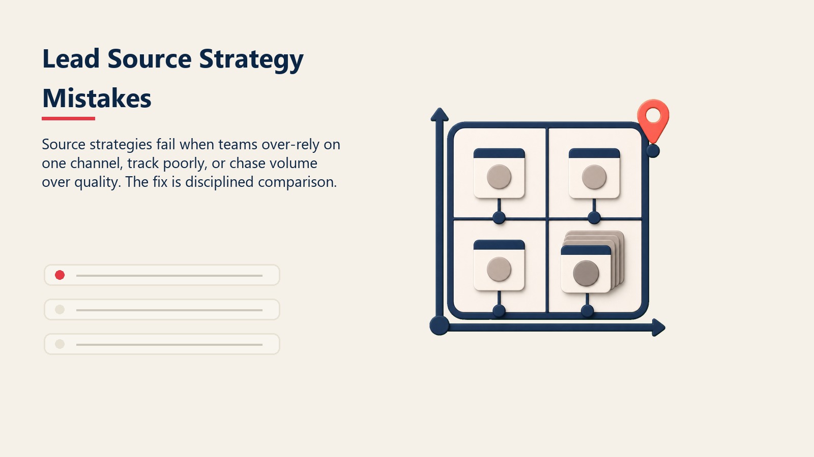 Lead Source Strategy Mistakes section visual showing source strategies fail when teams over-rely on one channel, track poorly, or chase volume over quality. the fix is disciplined comparison.