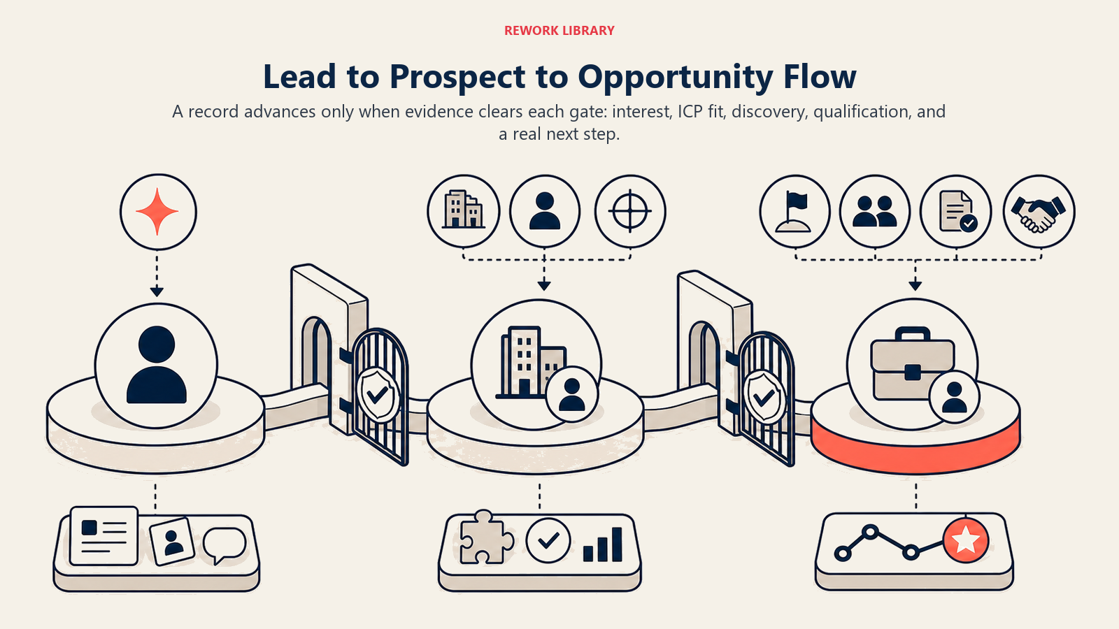Lead to Prospect to Opportunity Flow visual showing evidence gates across the stage transition chain