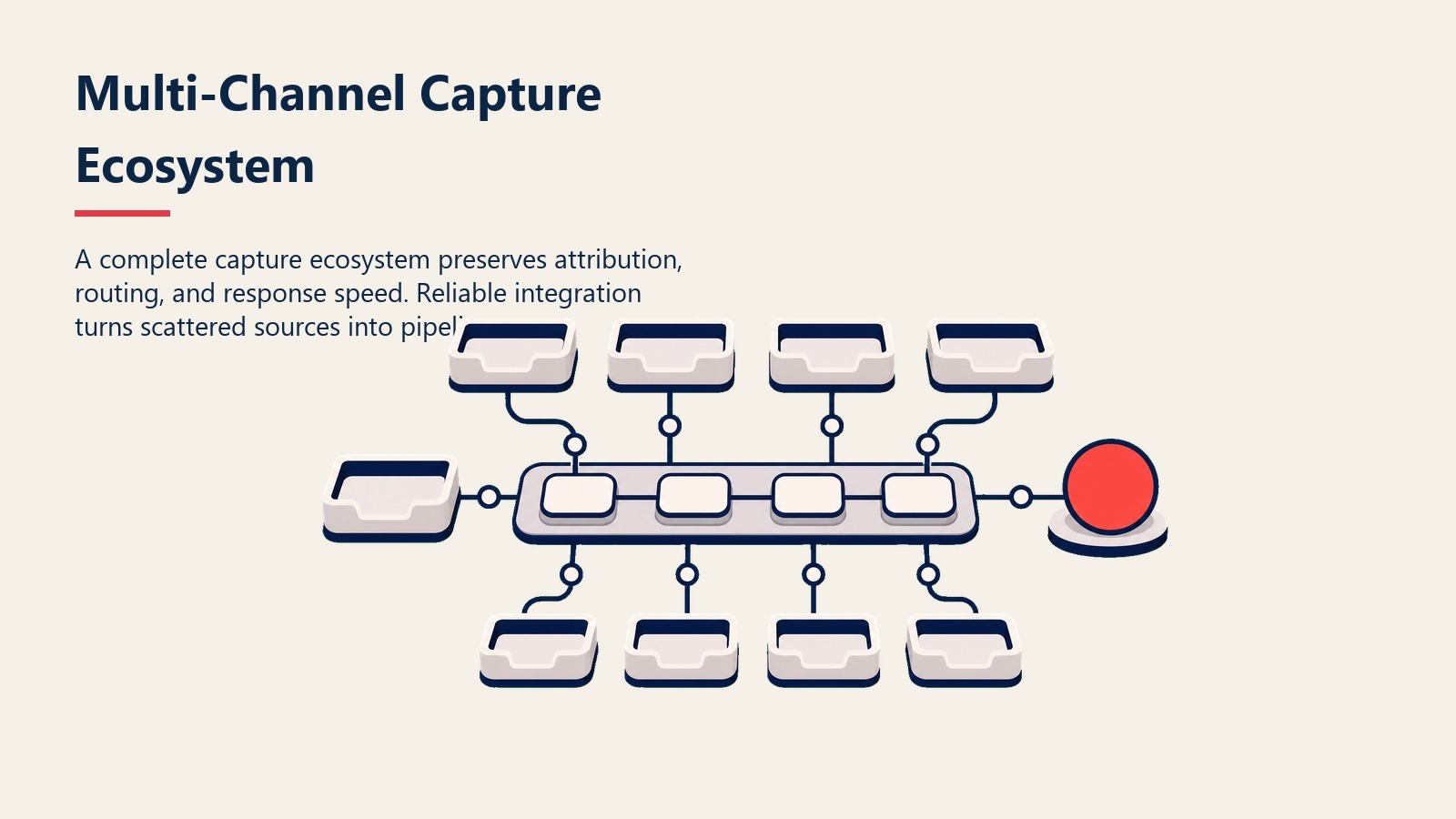 Multi-Channel Capture Ecosystem section visual showing lead ecosystem workbench with source, attribution, routing, and response trays