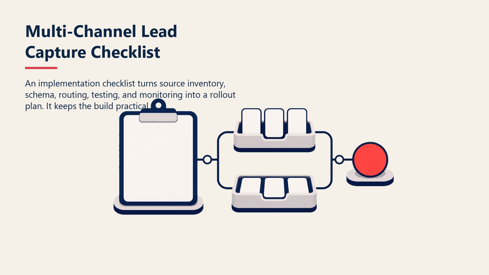 Multi-Channel Lead Capture Checklist section visual showing blank rollout checklist beside source inventory and routing trays