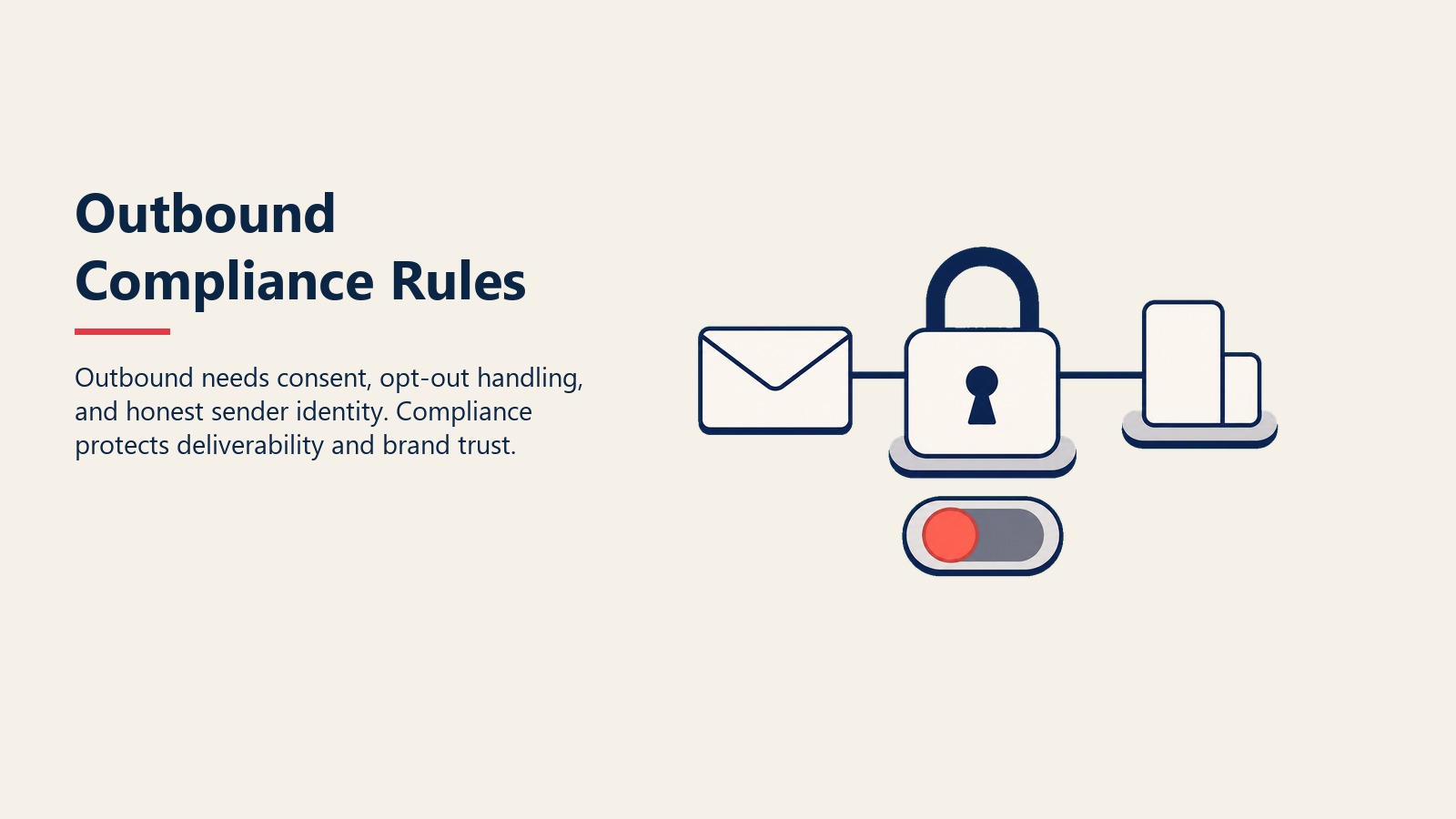 Outbound Compliance Rules section visual showing compliance lock protecting an outreach envelope and account token