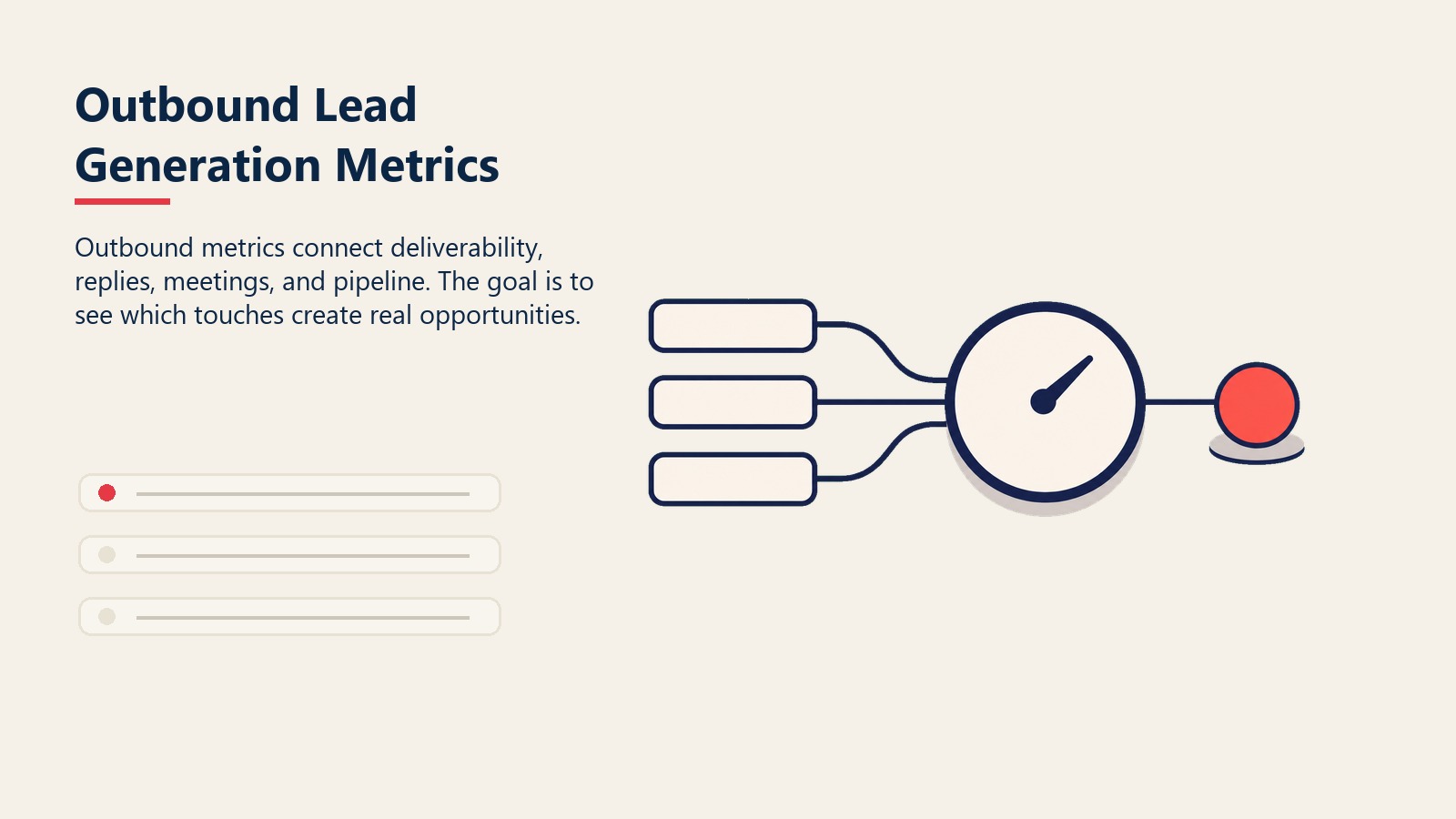Outbound Lead Generation Metrics section visual showing metrics gauge beside channel rows and meeting indicator