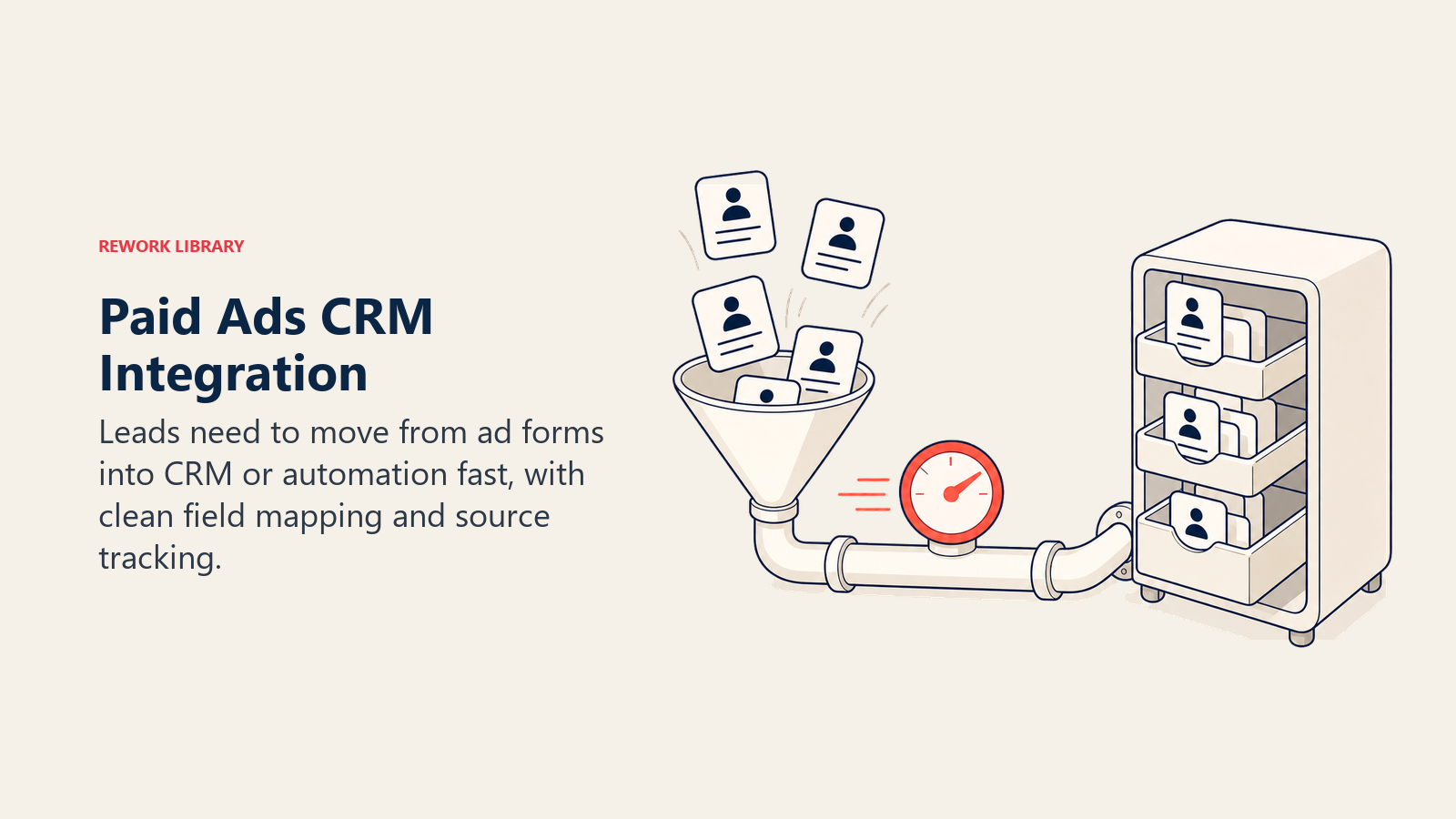 Paid Ads CRM Integration visual showing form cards flowing through an integration pipe into a CRM tray