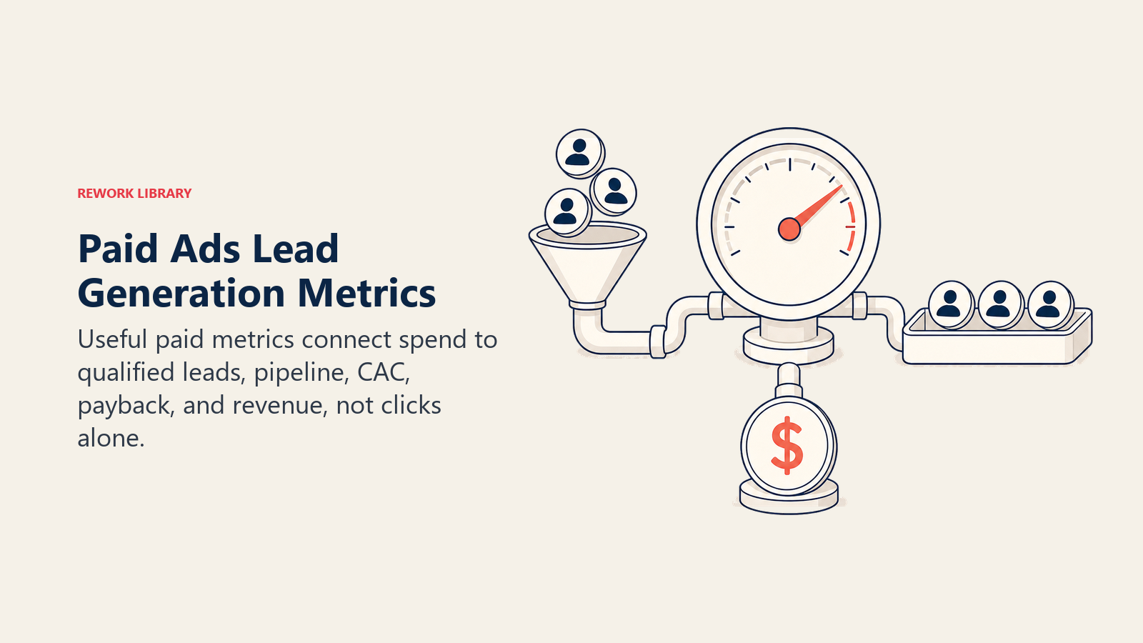 Paid Ads Lead Generation Metrics visual showing a performance gauge connected to pipeline and payback tokens