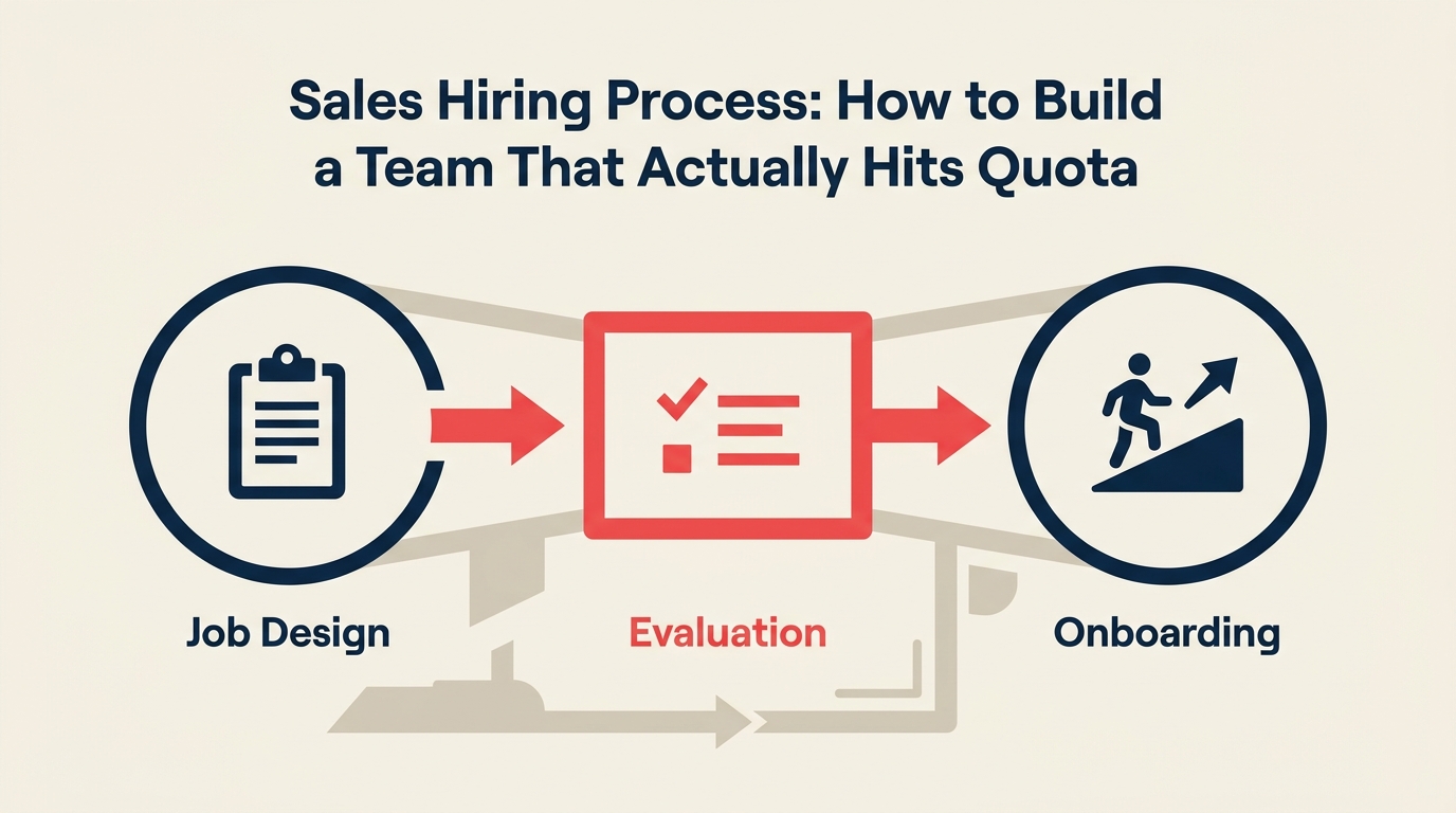 Sales hiring process framework showing job design, sourcing, evaluation stages, and onboarding