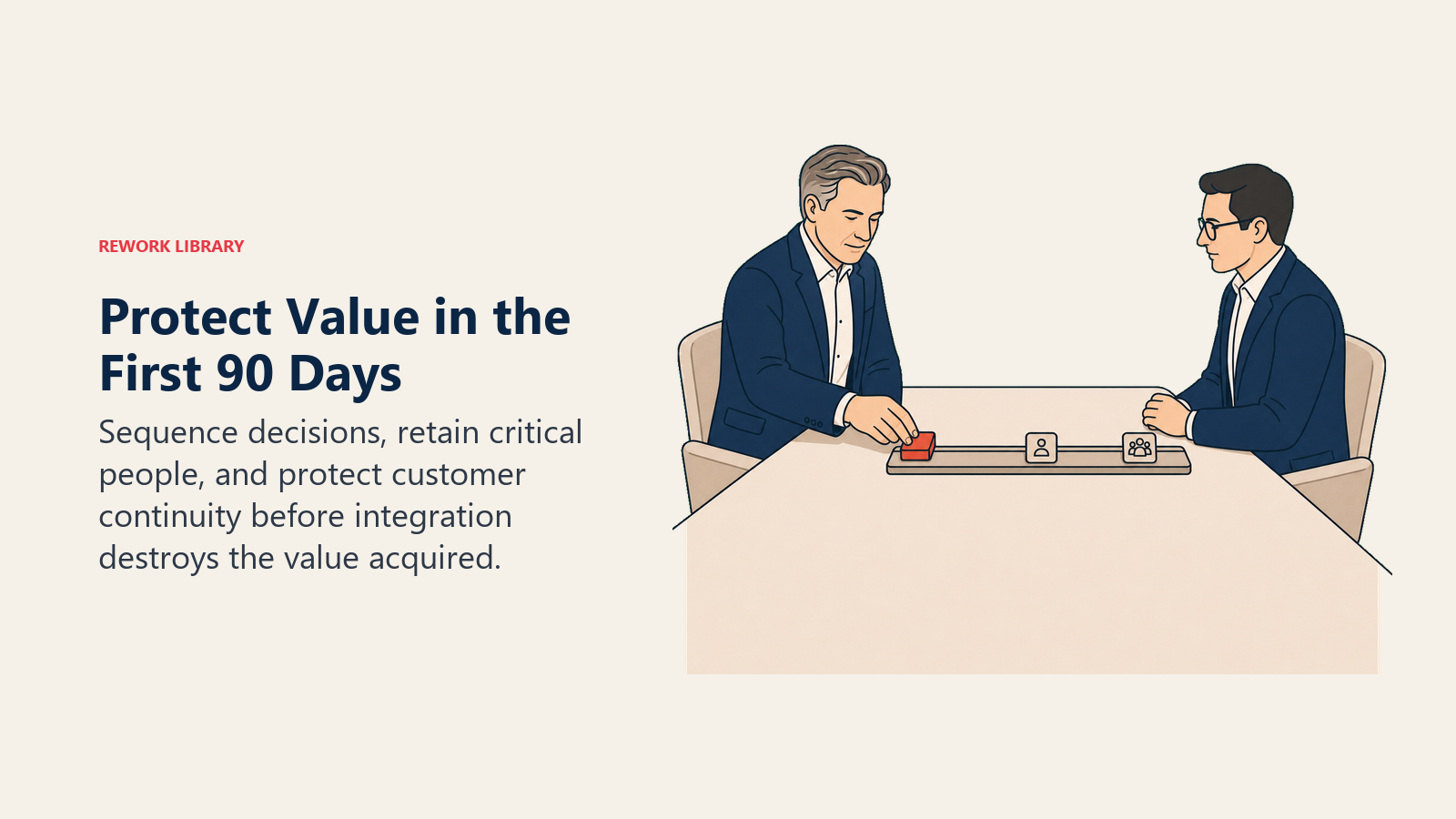 Protect Value in the First 90 Days: an executive leader actively works with a three-stage tabletop path with talent and customer tokens attached.