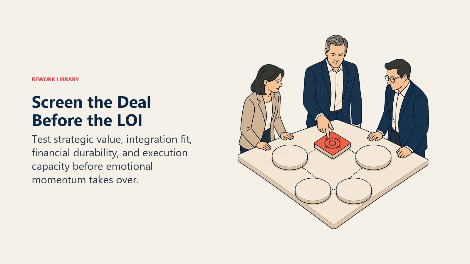 Screen the Deal Before the LOI: an executive leader actively works with a coral acquisition tile tested against four evidence lenses.