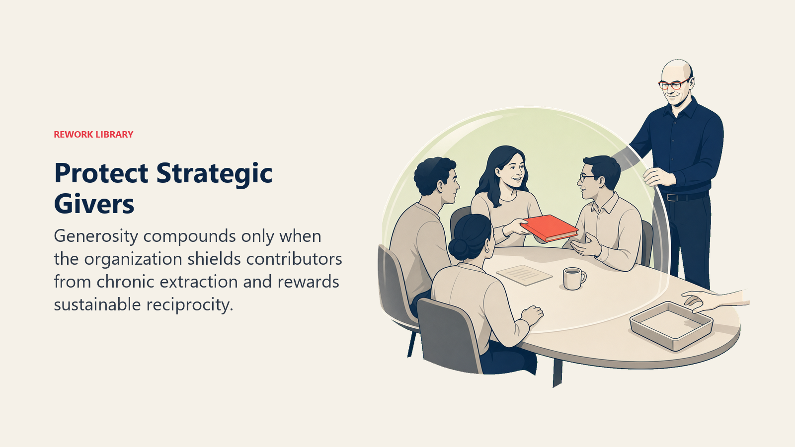 Protect Strategic Givers: Adam Grant actively works with a transparent boundary around a contributor sharing a coral resource.