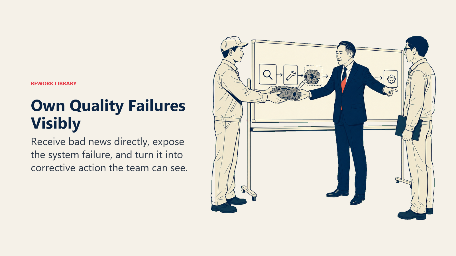 Own Quality Failures Visibly: Akio Toyoda actively works with a defect component at the center of a corrective-action path.