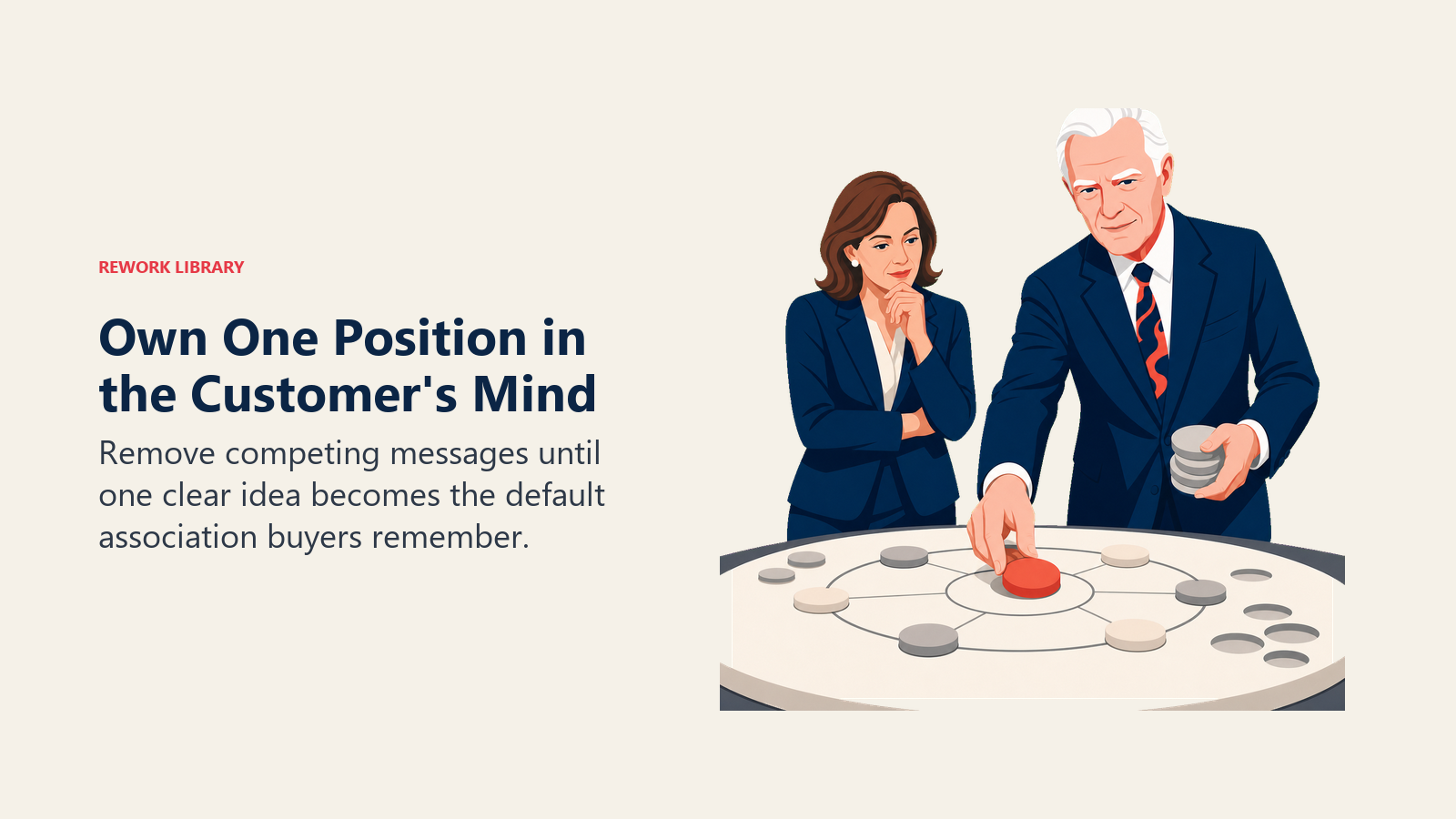 Own One Position in the Customer's Mind: Al Ries actively works with one coral concept token centered on a simple mental map.