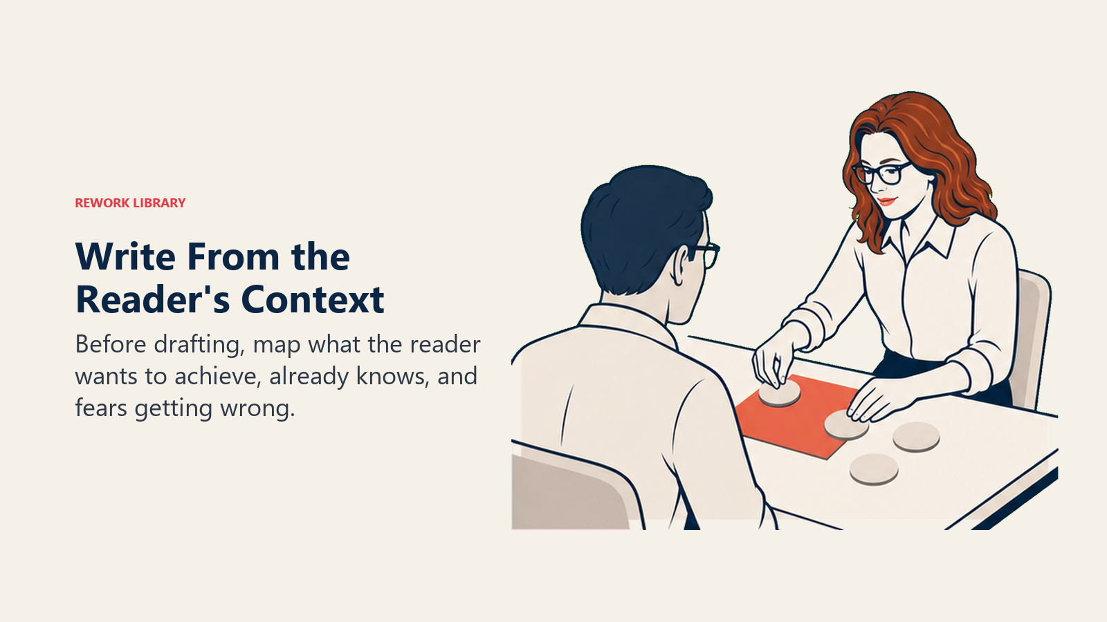 Write From the Reader's Context: Ann Handley actively works with a reader-context board feeding one coral draft page.