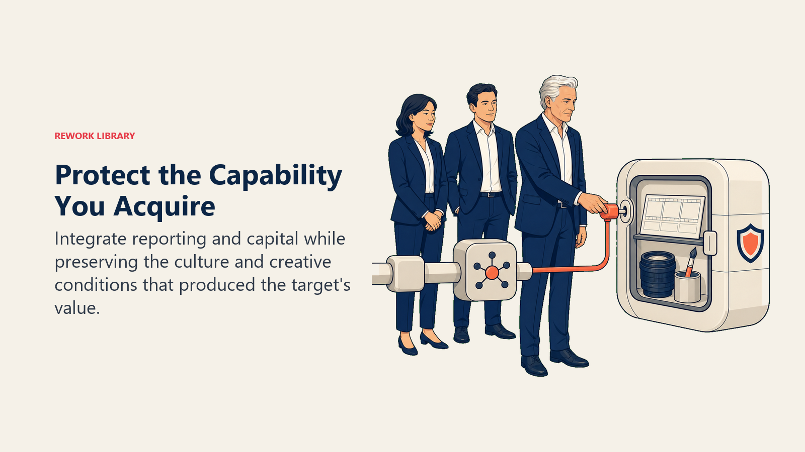 Protect the Capability You Acquire: Bob Iger actively works with a protected creative studio module connected to a shared operating backbone.