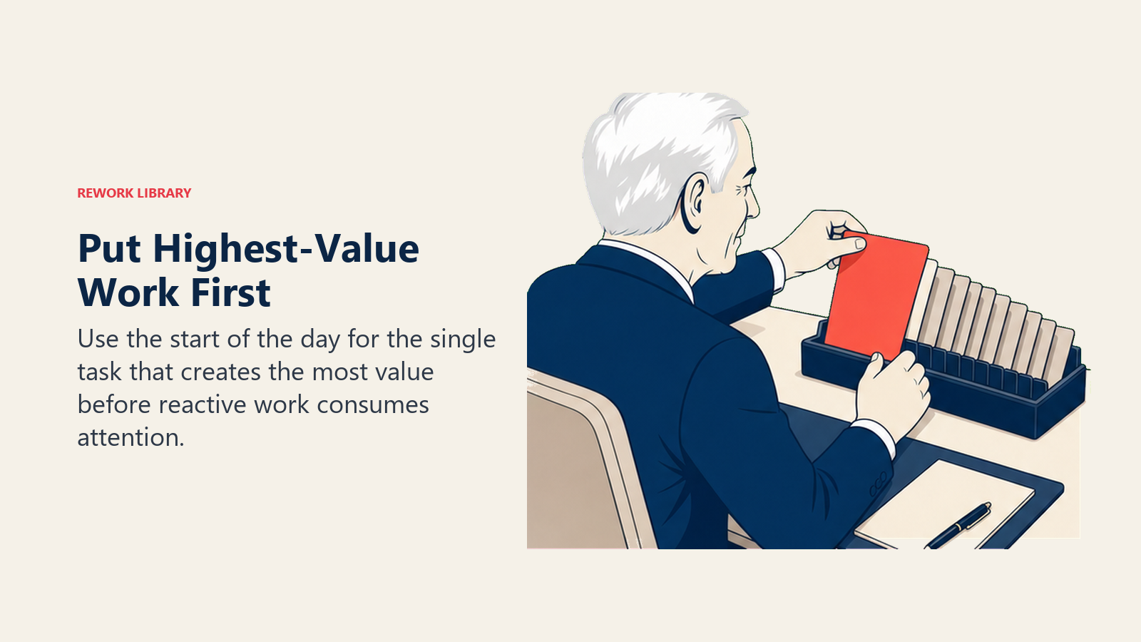 Put Highest-Value Work First: Brian Tracy actively works with one coral priority folder ahead of many neutral maintenance cards.
