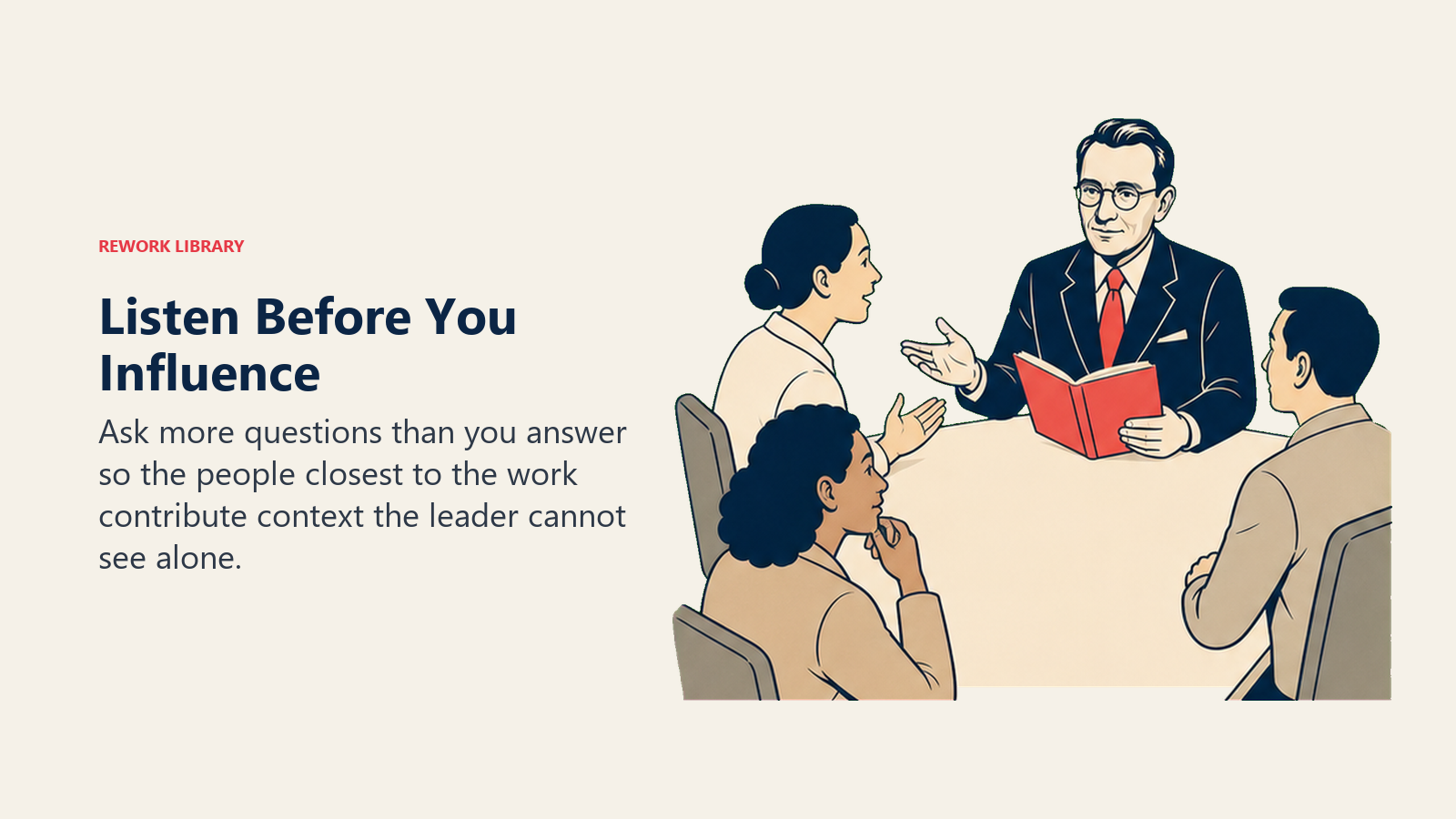 Listen Before You Influence: Dale Carnegie actively works with an open coral listening notebook receiving input from several teammates.