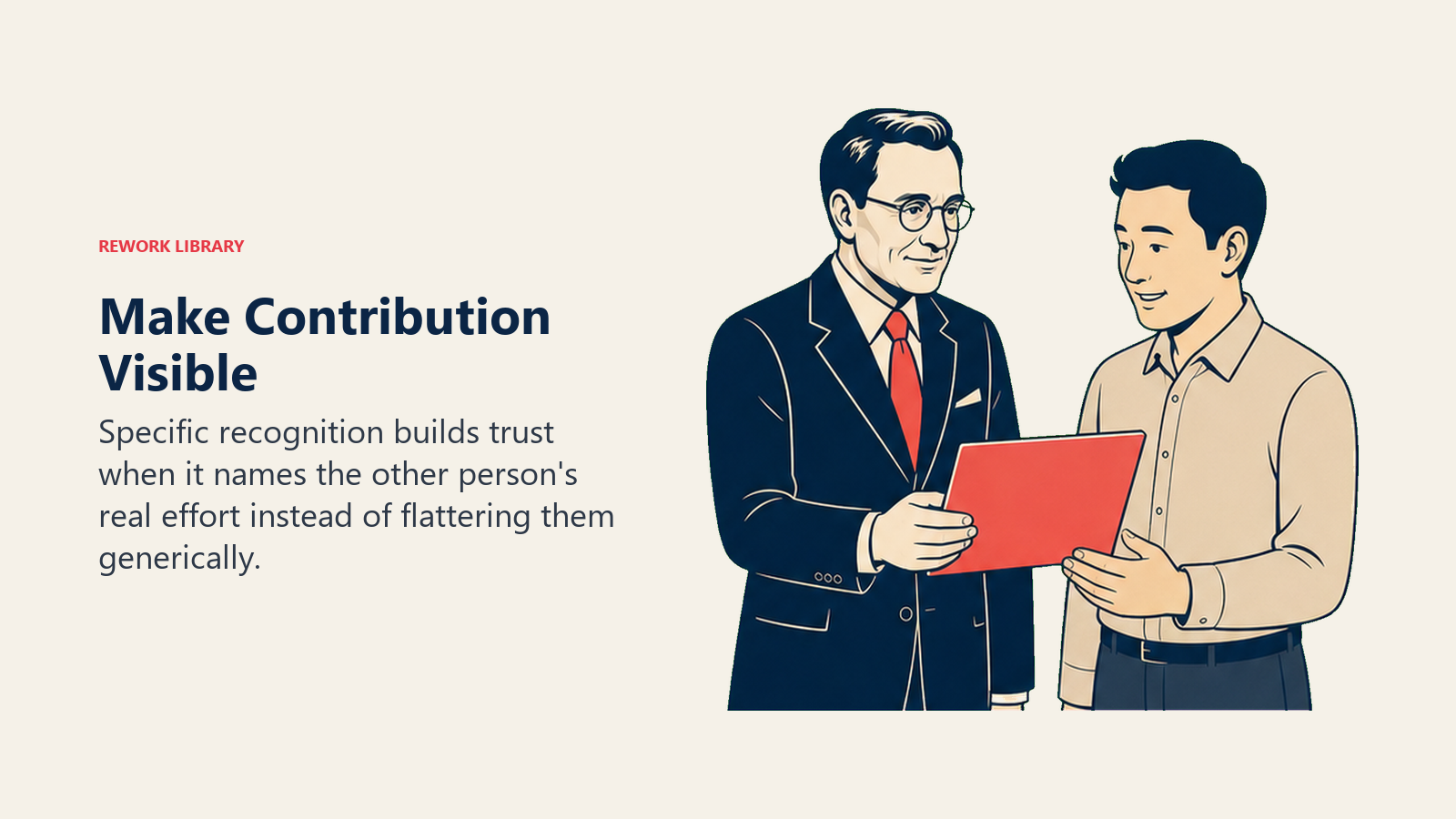 Make Contribution Visible: Dale Carnegie actively works with a coral contribution artifact placed in front of its owner.