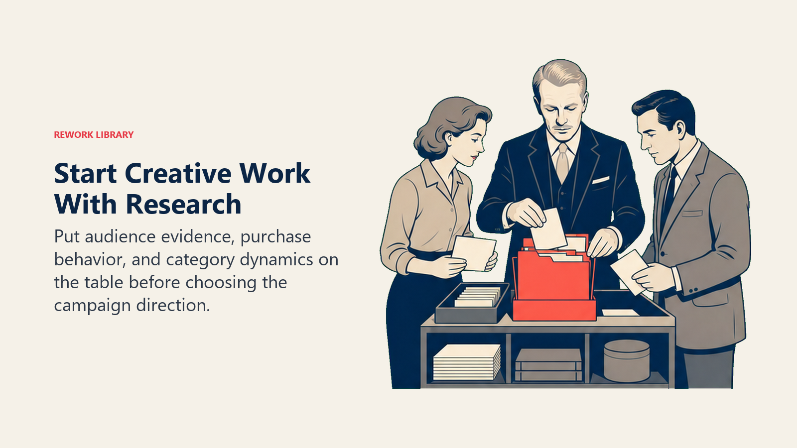 Start Creative Work With Research: David Ogilvy actively works with consumer evidence cards feeding one coral creative brief.