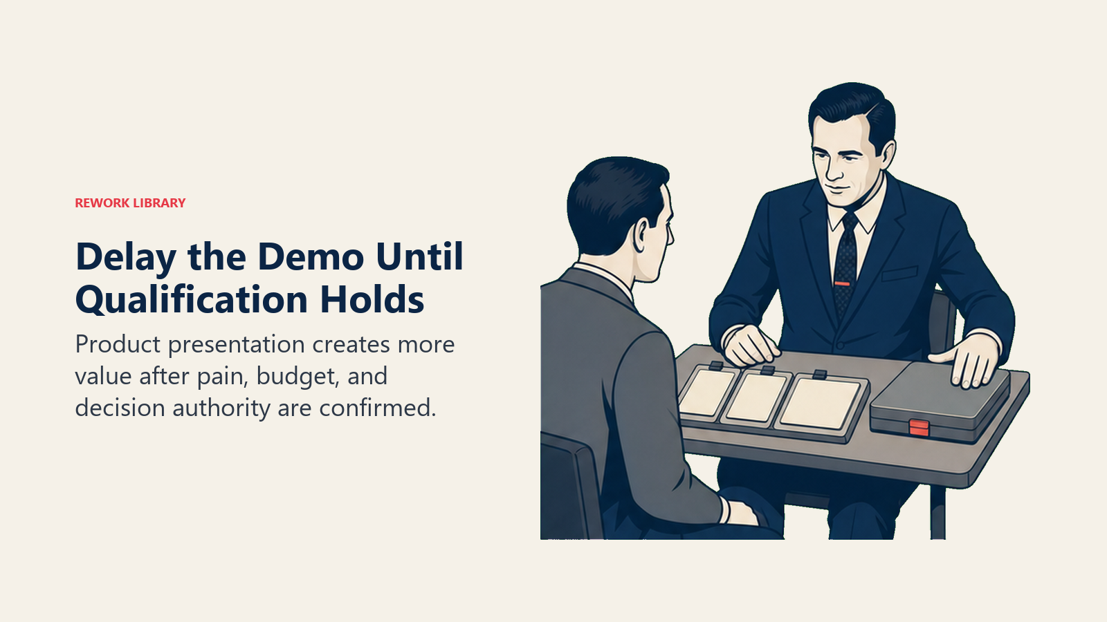 Delay the Demo Until Qualification Holds: David Sandler actively works with a closed demo device held behind three completed qualification artifacts.