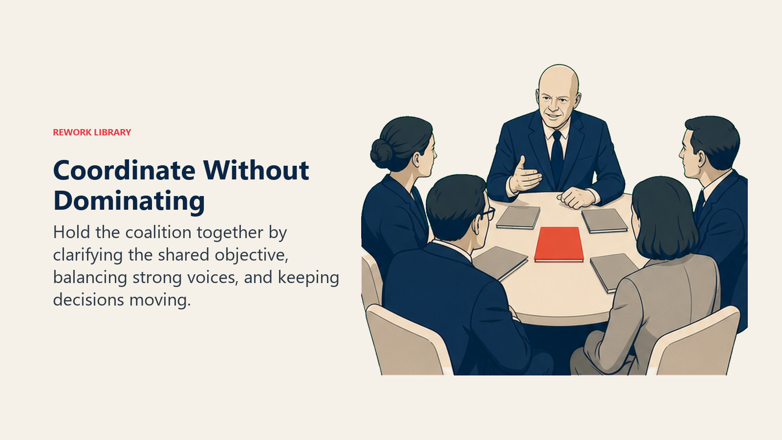Coordinate Without Dominating: Hold the coalition together by clarifying the shared objective, balancing strong voices, and keeping decisions moving.