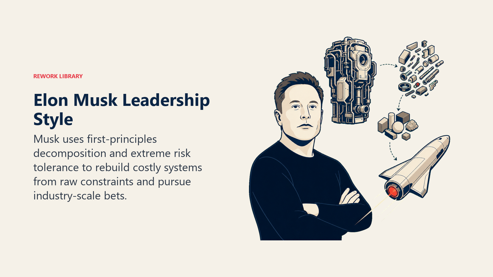 Elon Musk decomposing a complex machine into raw principles and rebuilding it leaner