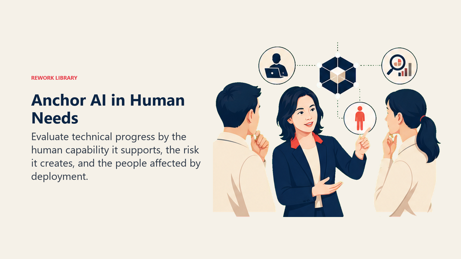 Anchor AI in Human Needs: Evaluate technical progress by the human capability it supports, the risk it creates, and the people affected by deployment.