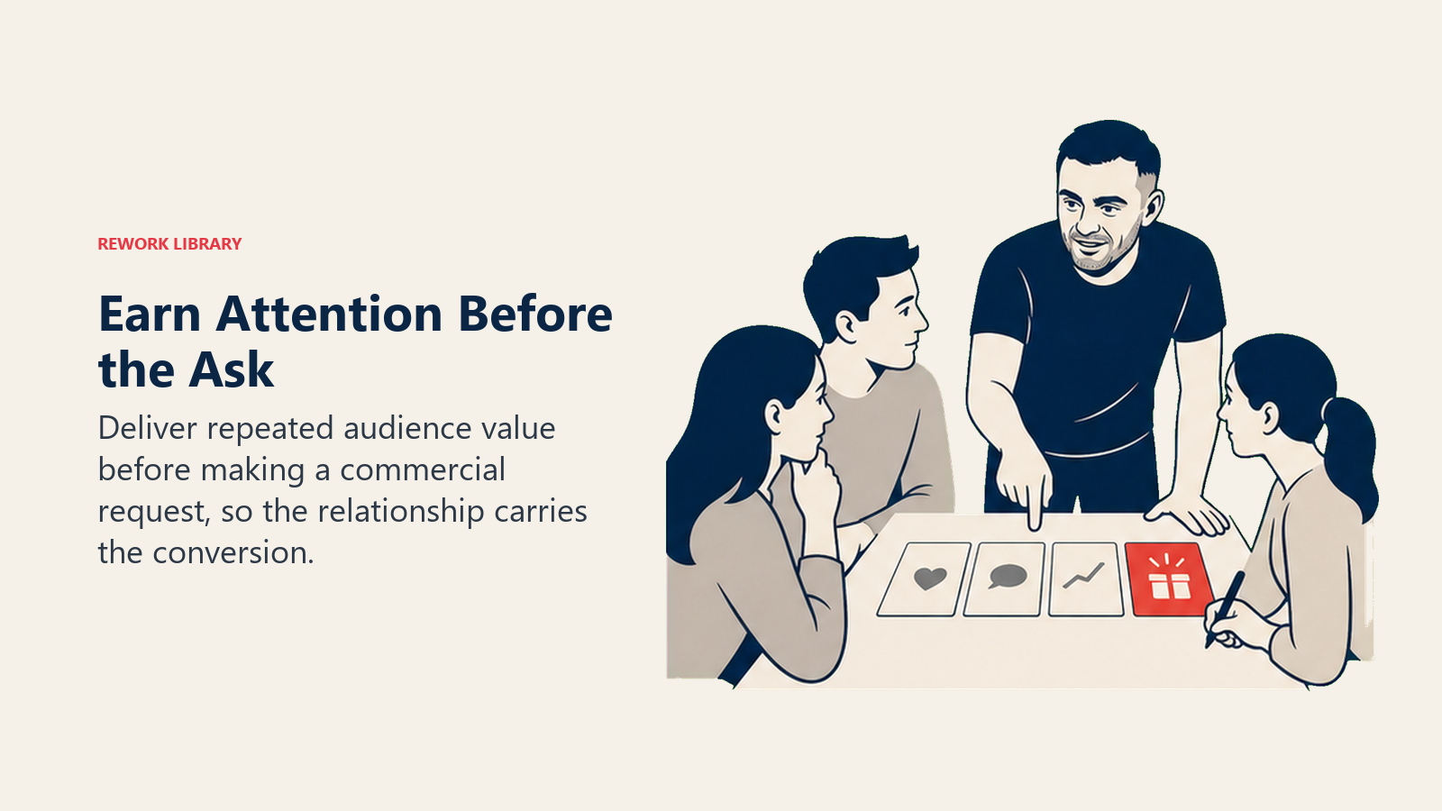 Earn Attention Before the Ask: Deliver repeated audience value before making a commercial request, so the relationship carries the conversion.