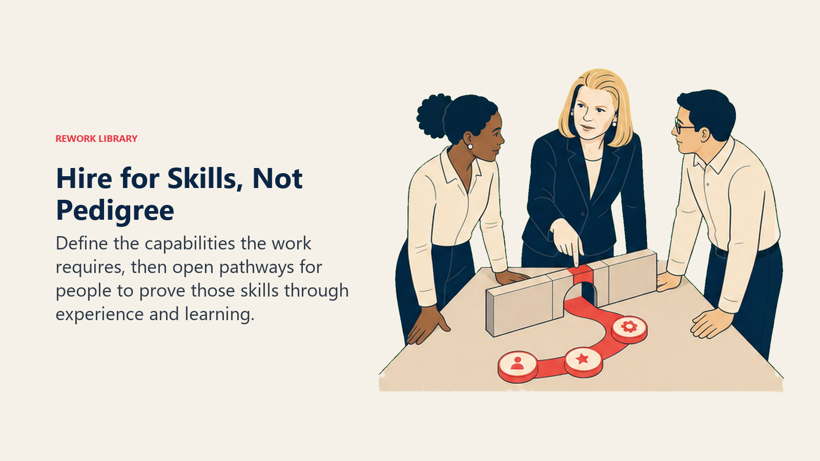 Hire for Skills, Not Pedigree: Define the capabilities the work requires, then open pathways for people to prove those skills through experience and learning.