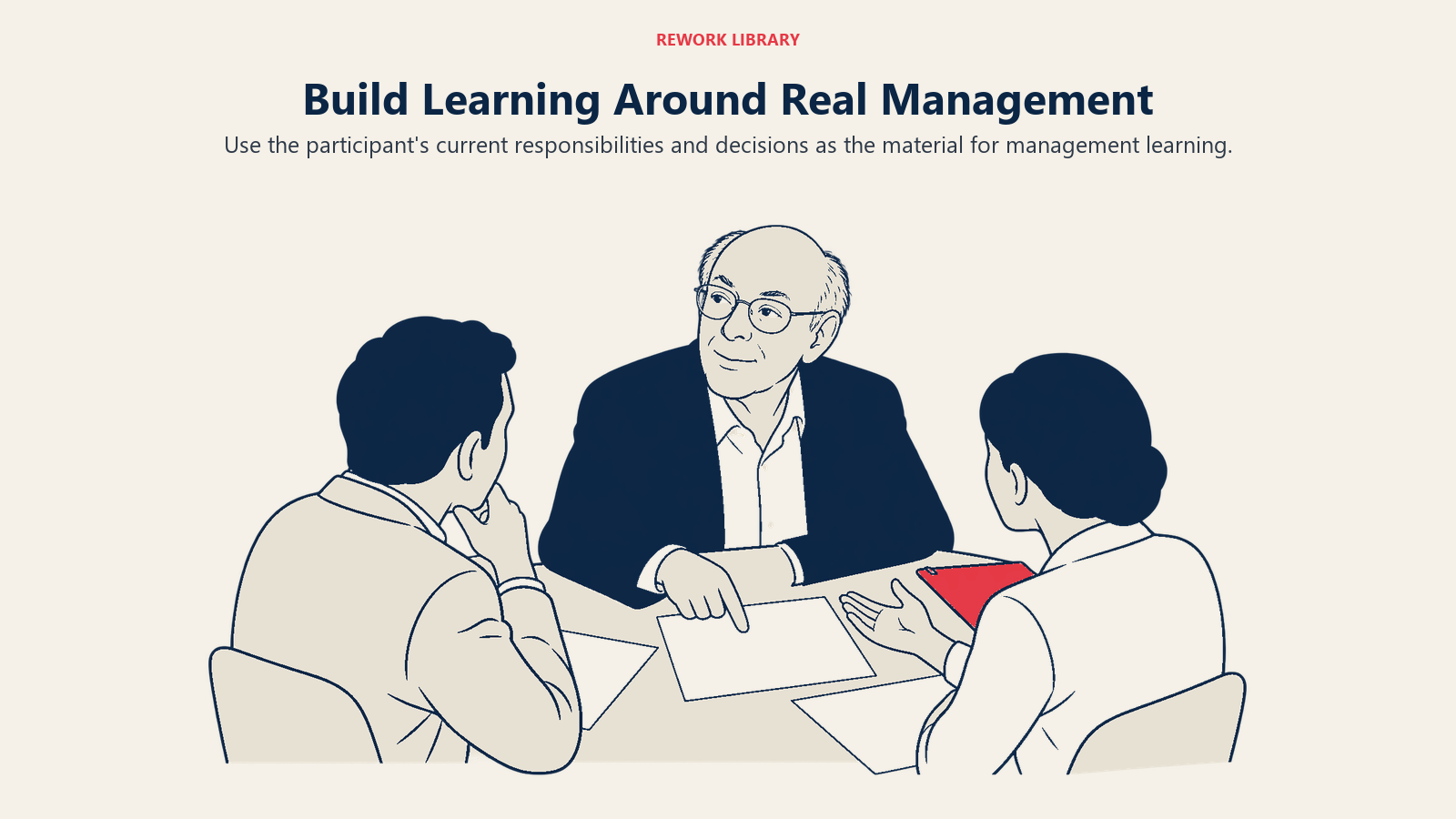 Lernen um reales Management herum aufbauen, illustriert durch eine Lerndiskussion unter Praktikern