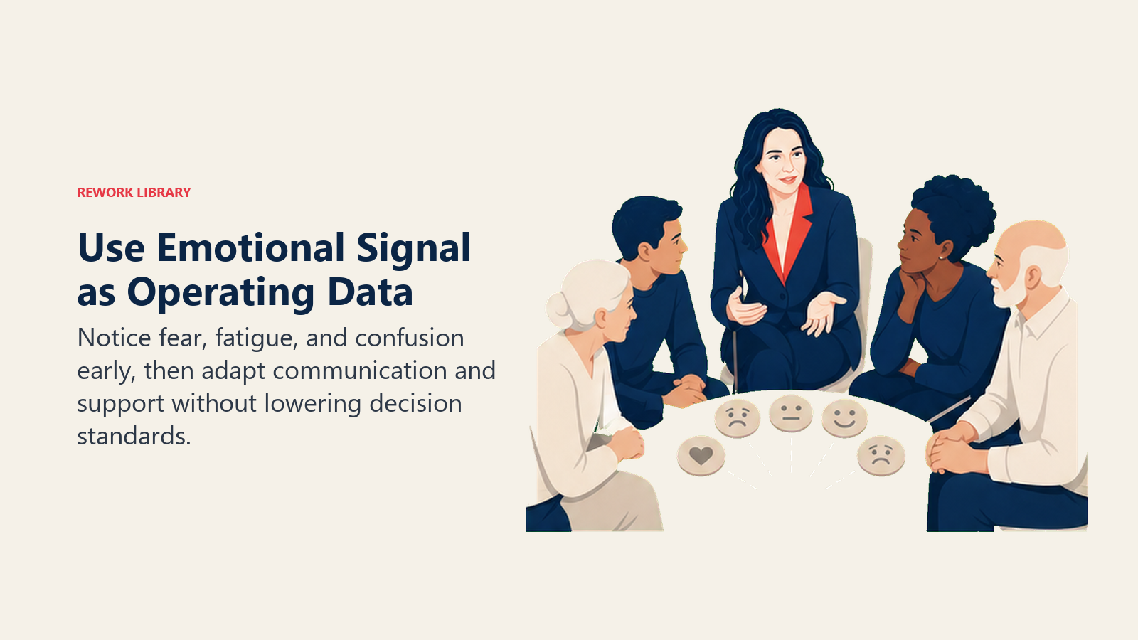 Use Emotional Signal as Operating Data: Notice fear, fatigue, and confusion early, then adapt communication and support without lowering decision standards.