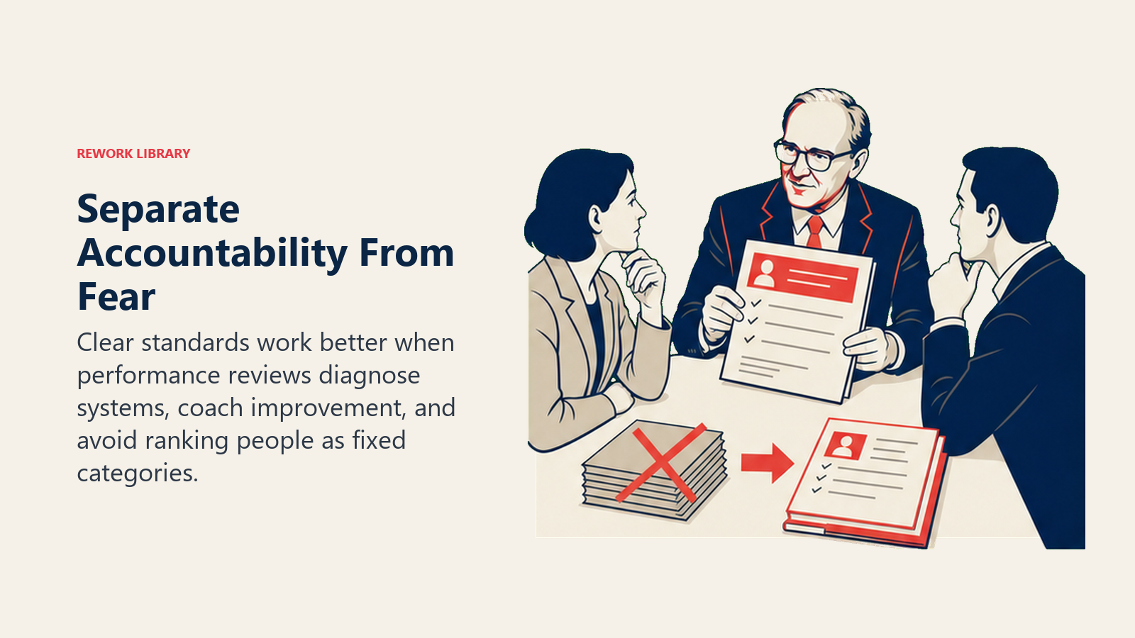 Separate Accountability From Fear: Clear standards work better when performance reviews diagnose systems, coach improvement, and avoid ranking people as fixed categories.