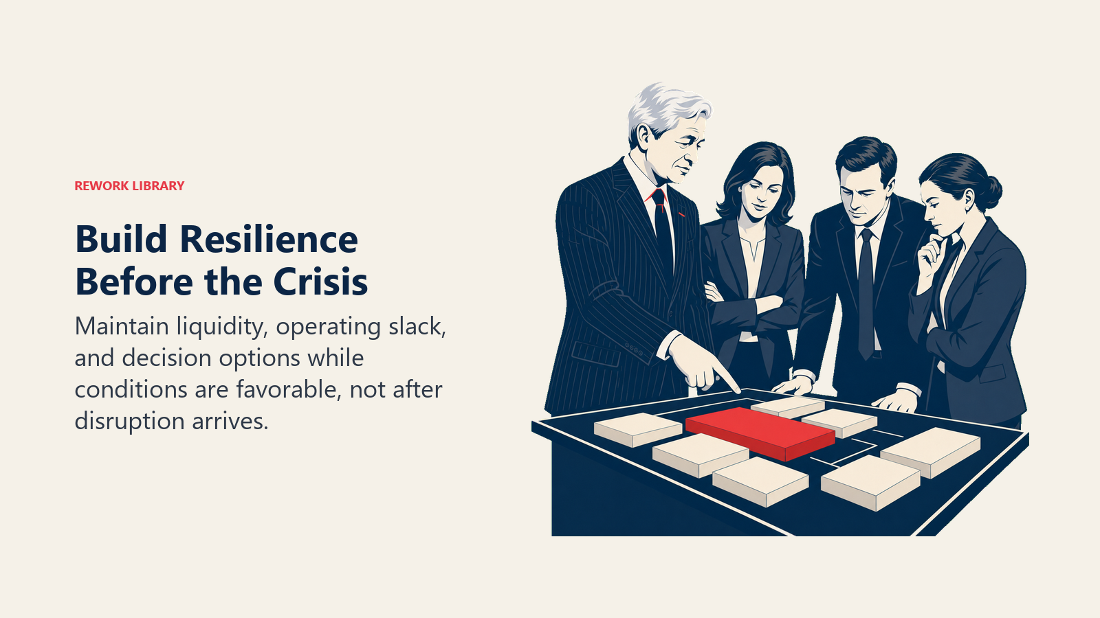 Build Resilience Before the Crisis: Maintain liquidity, operating slack, and decision options while conditions are favorable, not after disruption arrives.