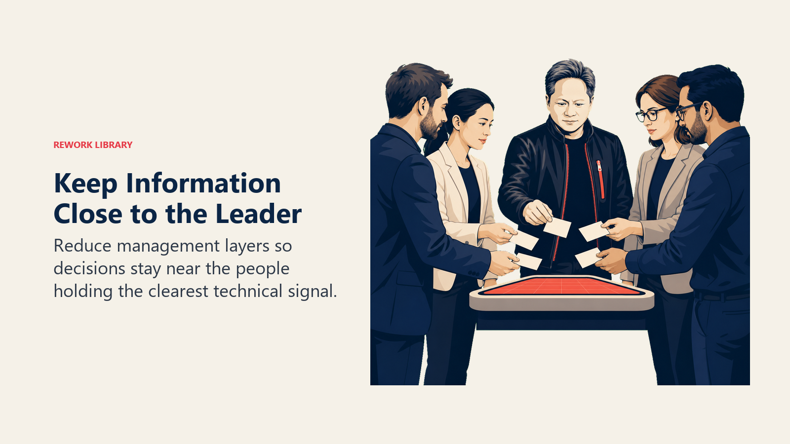 Jensen Huang receiving technical evidence directly from leaders in a flat operating structure