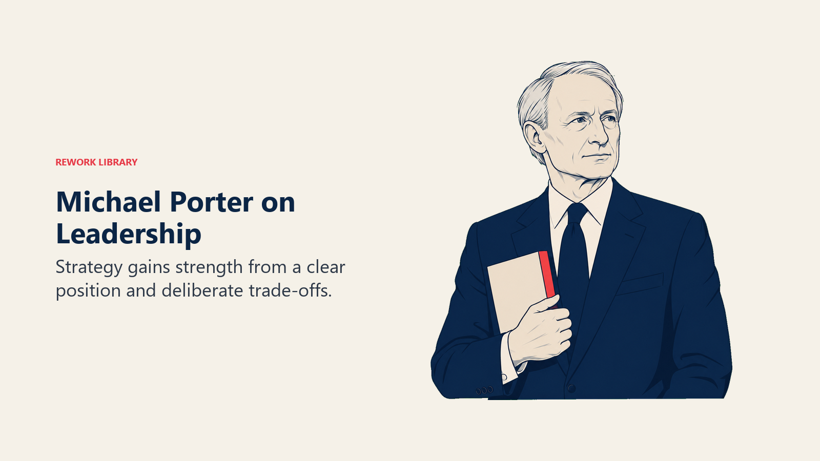 Michael Porter sobre Liderança: Michael Porter segurando um livro de estratégia.